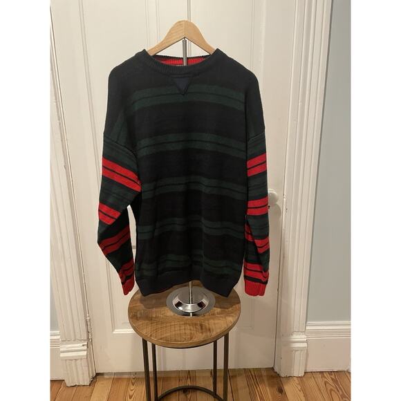 Vintage Gitano Men’s Sweater Large 80s 90s Striped Navy Green Red Retro - Picture 1 of 5